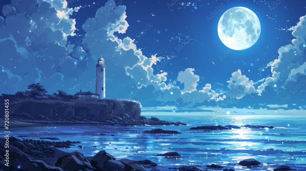 Moonlit seascape with a distant lighthouse, framed by manga-style clouds generative ai