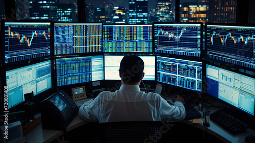 Wallstreet trader looking at the stock market on multiple monitors. Monitors show price charts.