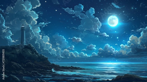 Moonlit seascape with a distant lighthouse  framed by manga-style clouds generative ai