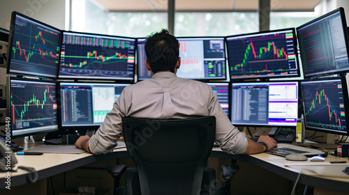 Wallstreet trader looking at the stock market on multiple monitors. Monitors show price charts.