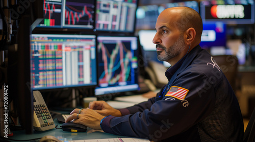 Wallstreet trader looking at the stock market on multiple monitors. Monitors show price charts.