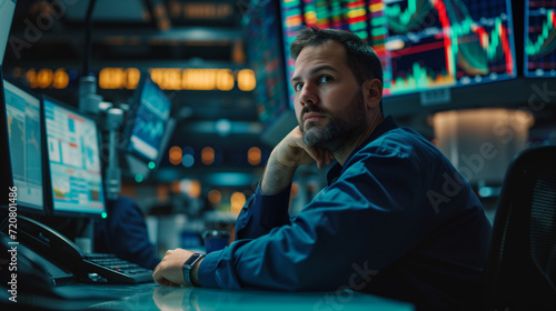 Wallstreet trader looking at the stock market on multiple monitors. Monitors show price charts.