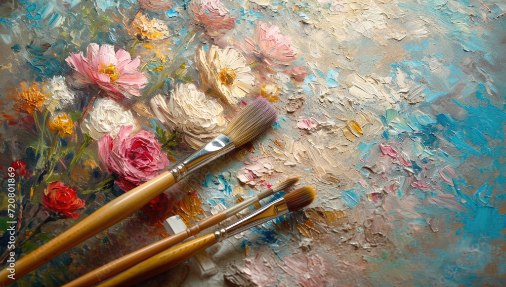 paint and brush on an artistic palette, in the style of sky-blue and beige paint and brush on an artistic palette, in the style of sky-blue and beige
