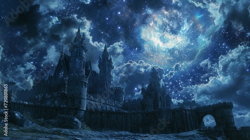 Night sky over a medieval castle  with manga-style clouds generative ai