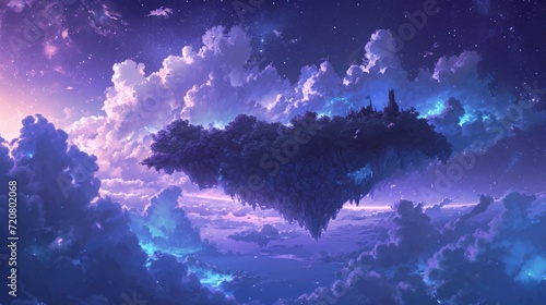Night sky over a mystical floating island  with manga style clouds generative ai