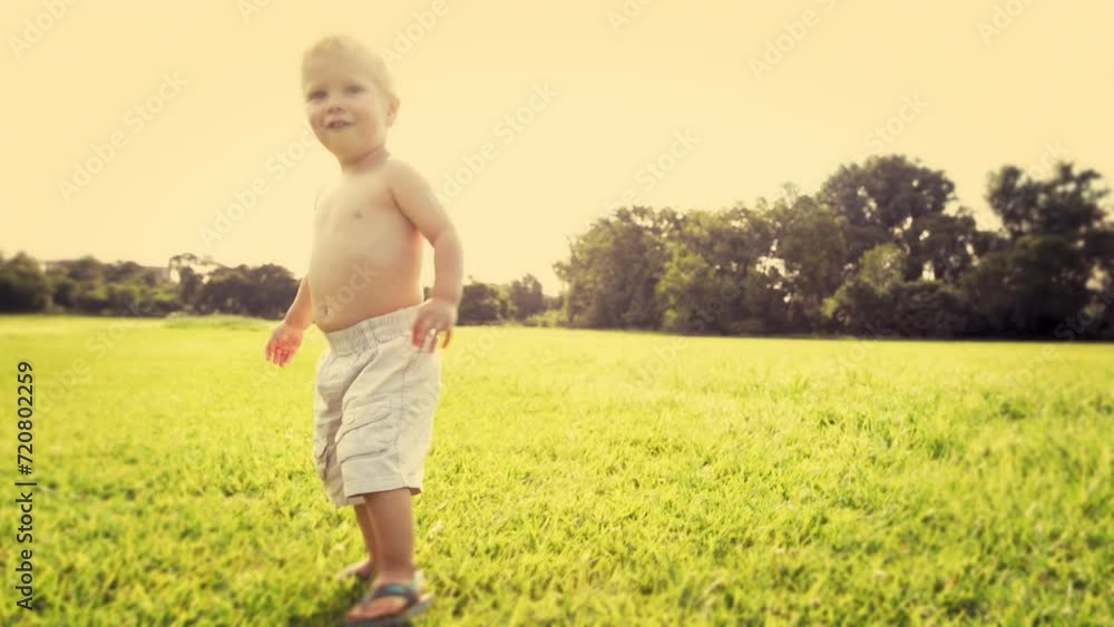 Energy, summer and baby boy playing on field in excitement for adventure, discovery or to explore nature. Kids, growth and child development with toddler on grass outdoor in green countryside Energy, summer and baby boy playing on field in excitement for adventure, discovery or to explore nature. Kids, growth and child development with toddler on grass outdoor in green countryside
