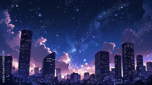 Nighttime cityscape with skyscrapers illuminated against a dark, starry sky. Manga-style clouds generative ai photo