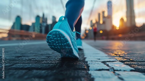 Runner's shoes hitting the pavement on a bridge during a city race generative ai photo