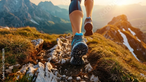Runner's shoes making strides on a mountain ridge generative ai