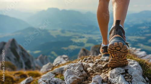 Runner's shoes making strides on a mountain ridge generative ai