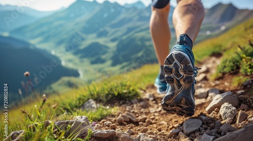 Runner's shoes making strides on a mountain ridge generative ai