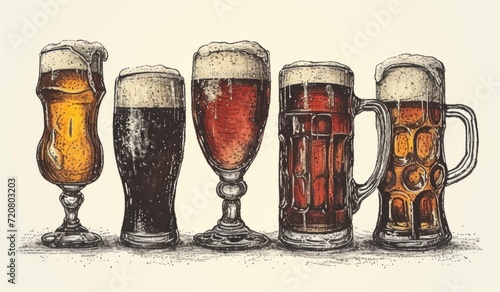 hand drafted sketch of beer glasses including mugs of lager, beer stout and doppelbock Generative AI