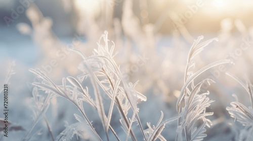 Frozen Aiseweed Plants Covered with Icicles on Winter Background AI Generated