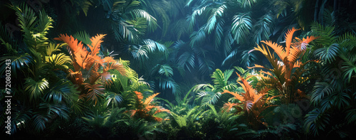 dark jungle environment with some tall plants on it  in the style of realistic usage of light and color
