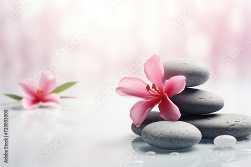 Relaxing Spa Stones and Beautiful Flower on Light Background AI Generated