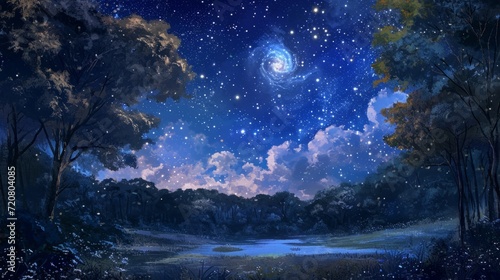 Starry night sky over a magical forest, with manga-style clouds generative ai © Kelly
