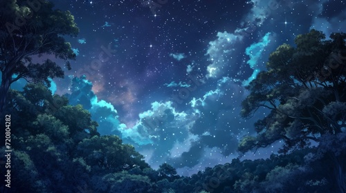 Starry night sky over a magical forest, with manga-style clouds generative ai © Kelly