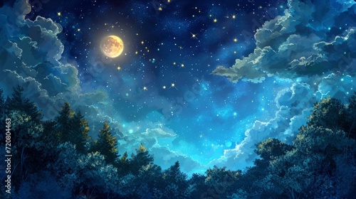 Starry night sky over a magical forest  with manga-style clouds generative ai