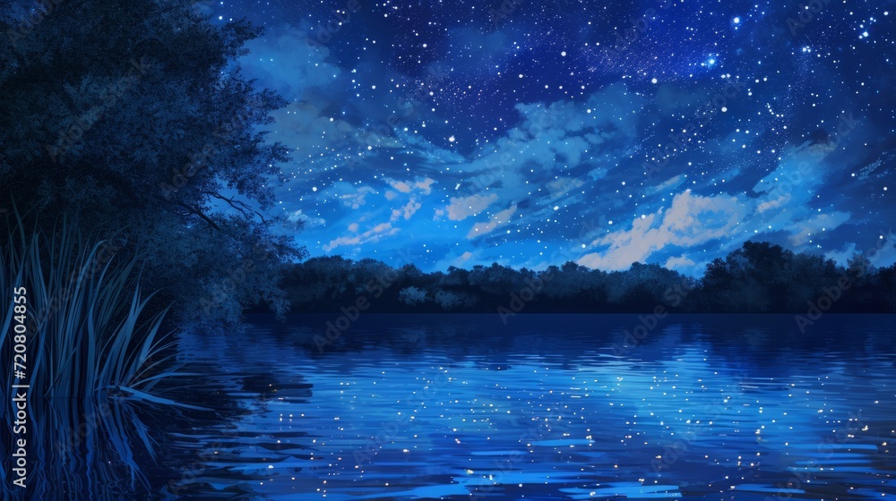 Starry night sky over a calm lake, with manga style clouds generative ai Starry night sky over a calm lake, with manga style clouds generative ai