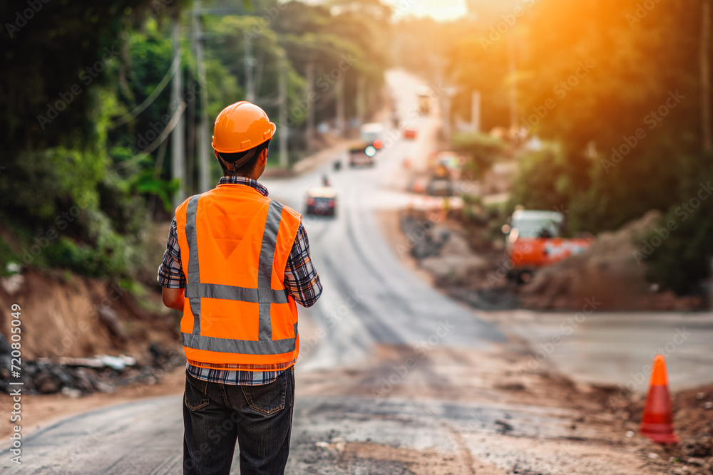 A civil architect engineer inspecting and working outdoors road construction site. Supervise new road construction. He is the manager . A civil architect engineer inspecting and working outdoors road construction site. Supervise new road construction. He is the manager .
