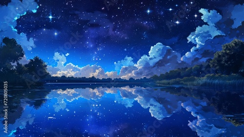 Starry night sky over a calm lake, with manga style clouds generative ai