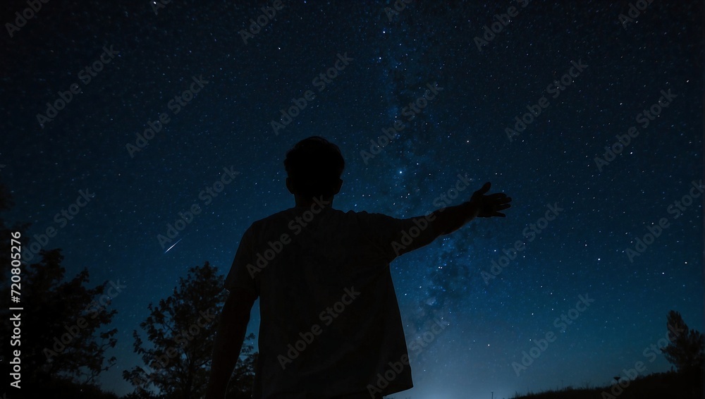 Silhouette of a man watching the dark starry sky Silhouette of a man watching the dark starry sky