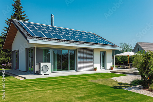 A heat pump with photovoltaic panels installed on the roof of a single-family house, along with a green room, forms an eco-friendly heating and air conditioning.