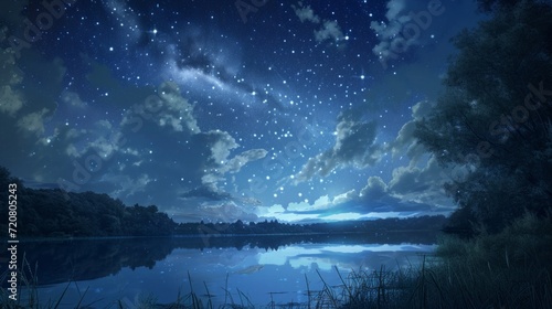 Starry night sky over a calm lake, with manga style clouds generative ai © Kelly
