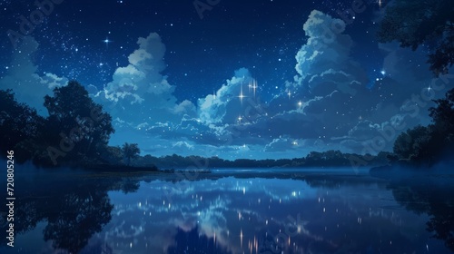 Starry night sky over a calm lake  with manga style clouds generative ai