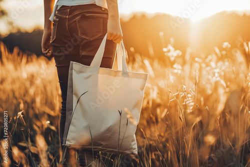 A person carries a reusable tote bag featuring a sustainable fashion brand's logo, promoting eco-conscious shopping habits. Sunset light. Ecological nature. photo