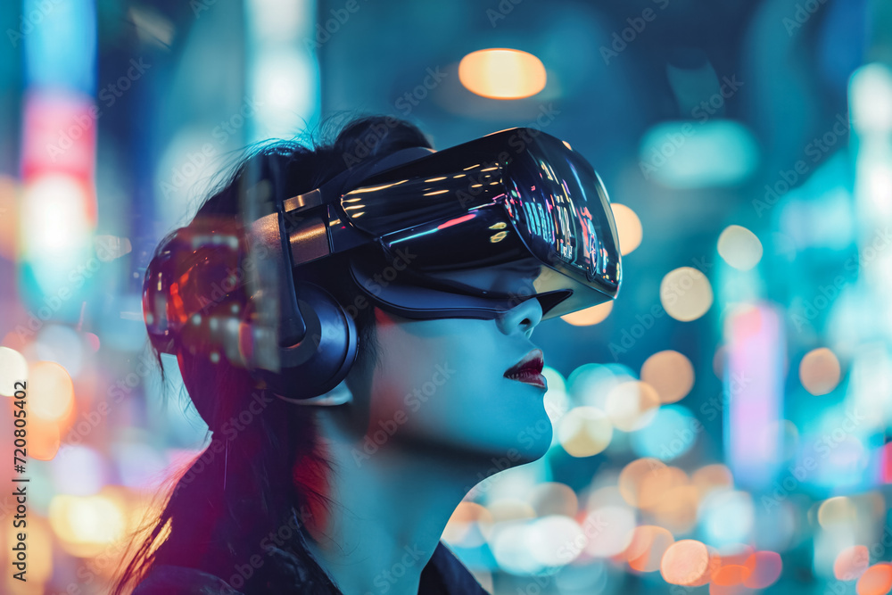 Augmented and Virtual Reality Applications. A person using a futuristic virtual reality headset, with its advanced technology and immersible visuals. Augmented and Virtual Reality Applications. A person using a futuristic virtual reality headset, with its advanced technology and immersible visuals.
