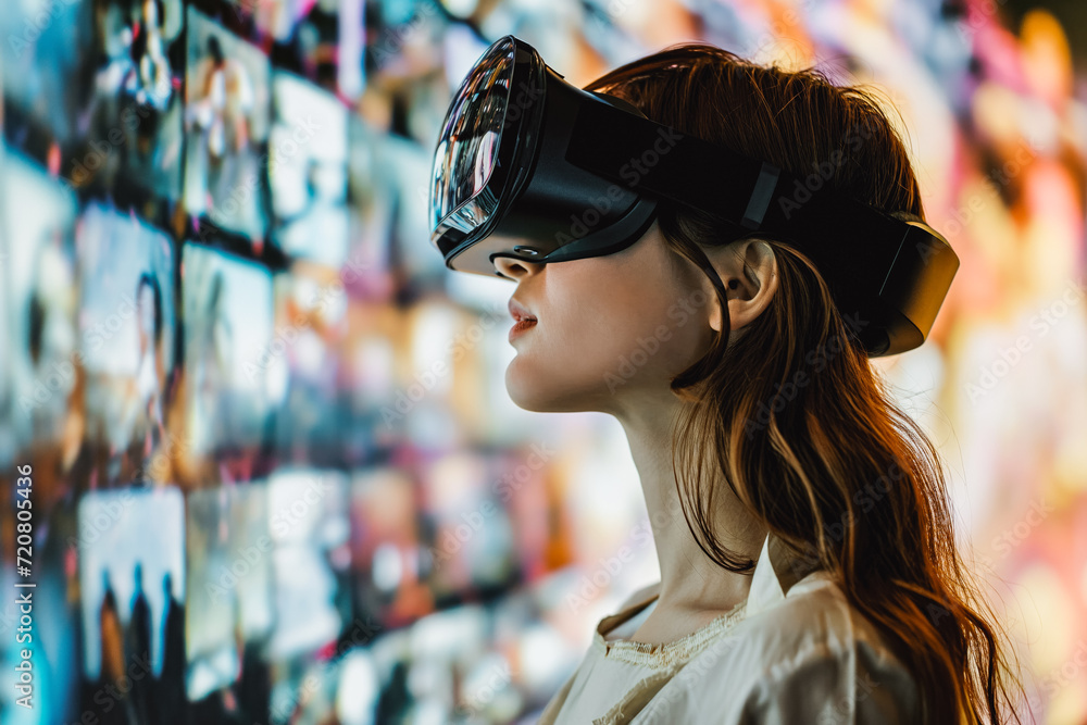 Augmented and Virtual Reality Applications. A person using a futuristic virtual reality headset, with its advanced technology and immersible visuals. Augmented and Virtual Reality Applications. A person using a futuristic virtual reality headset, with its advanced technology and immersible visuals.