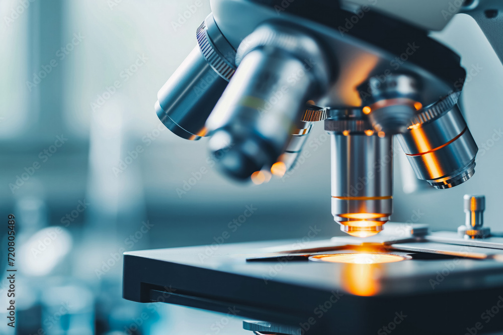 Close-up shot of microscope with metal lens at laboratory. Newly formed viruses that have not yet been discovered are examined under a microscope. Close-up shot of microscope with metal lens at laboratory. Newly formed viruses that have not yet been discovered are examined under a microscope.