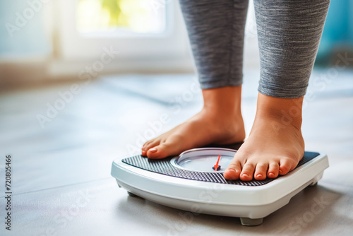 Close up of overweight woman standing on bathroom scale. With the help of a fitness trainer, she will try to get rid of excess weight through exercise. photo