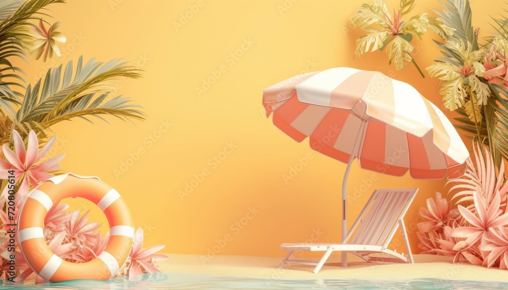 Beach umbrella with chairs and beach accessories on Yellow background. summer vacation concept. 3d rendering