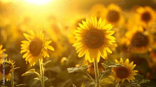 Sunflowers in a golden field  creating a bright and warm natural background generative ai