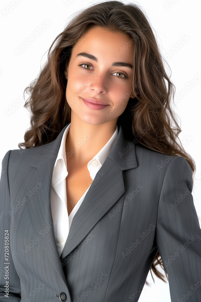 Isolated beautiful brunette businesswoman with long hair wearing formal office suit posing in front of white background in studio and smiling. Isolated beautiful brunette businesswoman with long hair wearing formal office suit posing in front of white background in studio and smiling.