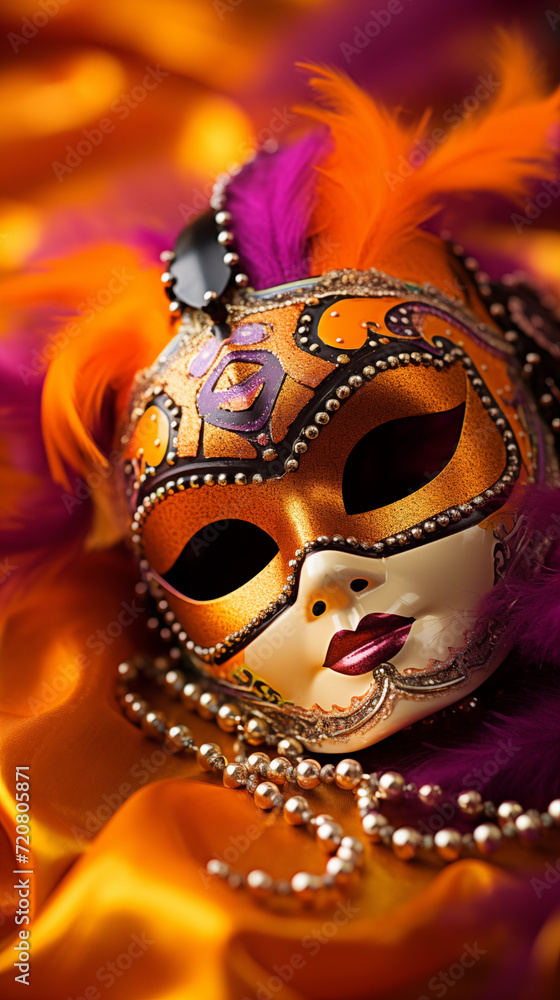 A mardi gras mask with a orange background and beads, Generative AI