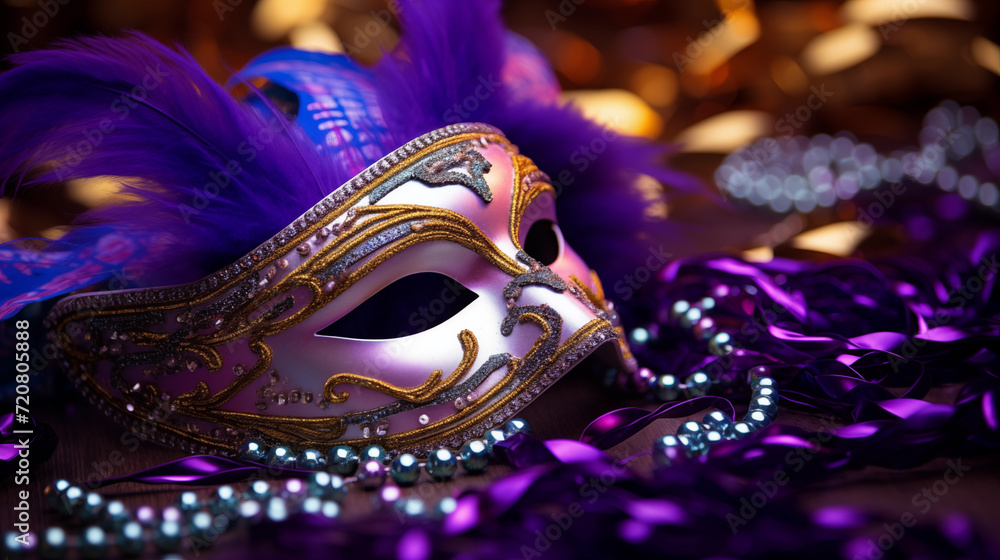Naklejka premium A mardi gras mask with a purple background and beads, Generative AI