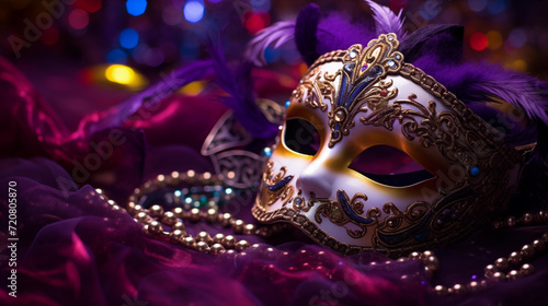 A mardi gras mask with a purple background and beads, Generative AI