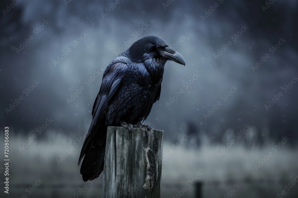 Fototapeta premium A dramatic shot of a black raven perched on a spooky fencepost