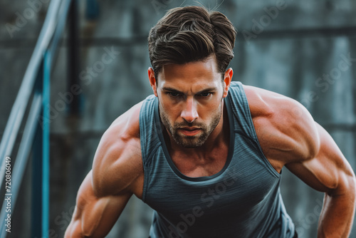Man doing High-Intensity Interval Training. A fitness enthusiast mid-workout, demonstrating strength and determination, motivating others.