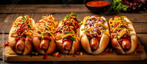 An indoor picnic of fast food favorites, with plump hot dogs nestled in soft buns and topped with a colorful array of condiments, including crunchy onions and fresh vegetables