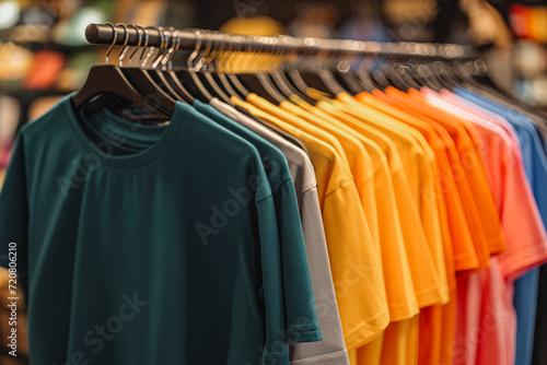Plain t-shirts of different colors hang on a hanger, store interior blur. A new collection of t-shirts in a famous store in a shopping mall.