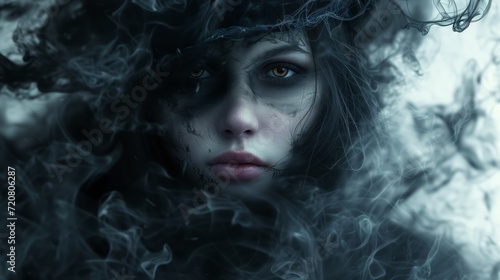 An otherworldly portrait of a dark witch, haunting, beautiful and spooky, smoke, occult symbols, fantasy