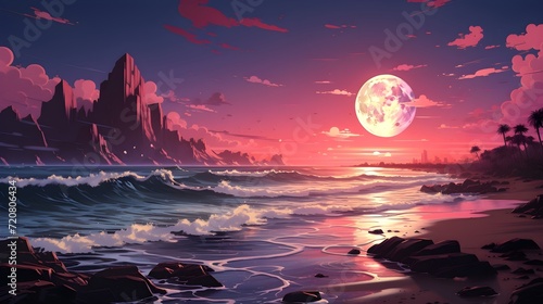 Serene Twilight  Japanese Style Illustration of Ocean Waves Hitting the Shore at Sunset with the Moon and Mountains in the Background