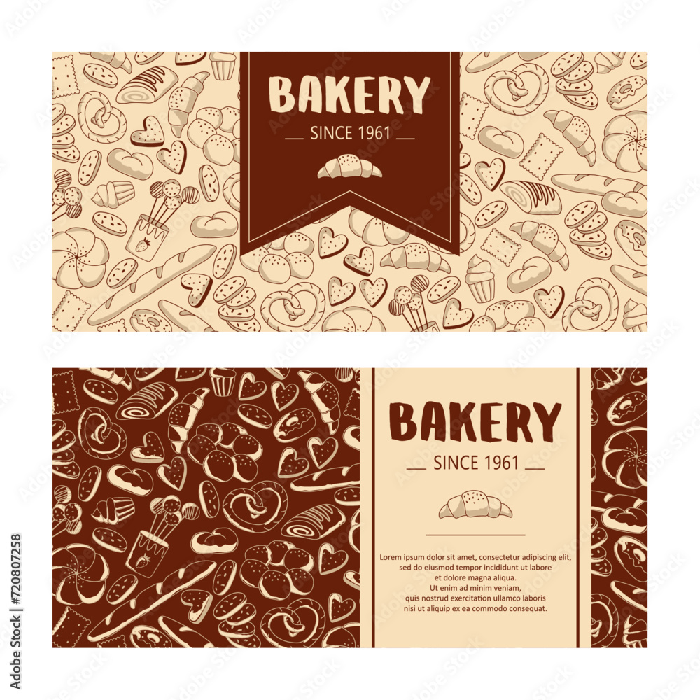 Banner design for bakery. Business card template with bread and pastry. Doodle vector background Banner design for bakery. Business card template with bread and pastry. Doodle vector background