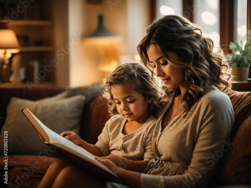 Mother and daughter reading a book together at home