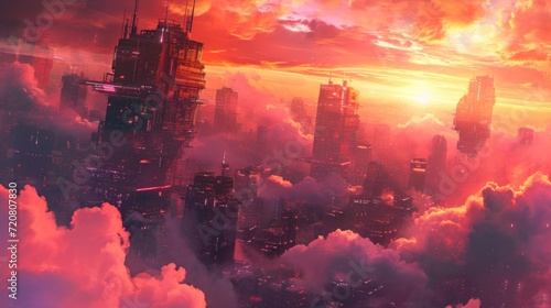 Sunset over a futuristic city with floating islands, complemented by vibrant manga-style clouds generative ai © Kelly