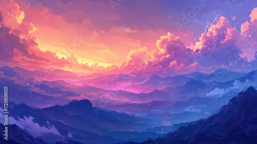 Sunset over a mountain range with warm colors filling the sky. Manga-style clouds generative ai